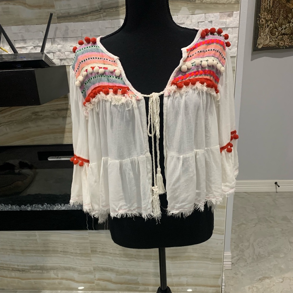 Women’s Z & L Bolero Blouse. White with Colorful Fringed Pom and poms. S(191)